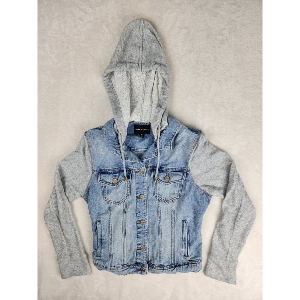 Silver Women's Denim Jacket‎ With Hood Size Medium Trucker Strech